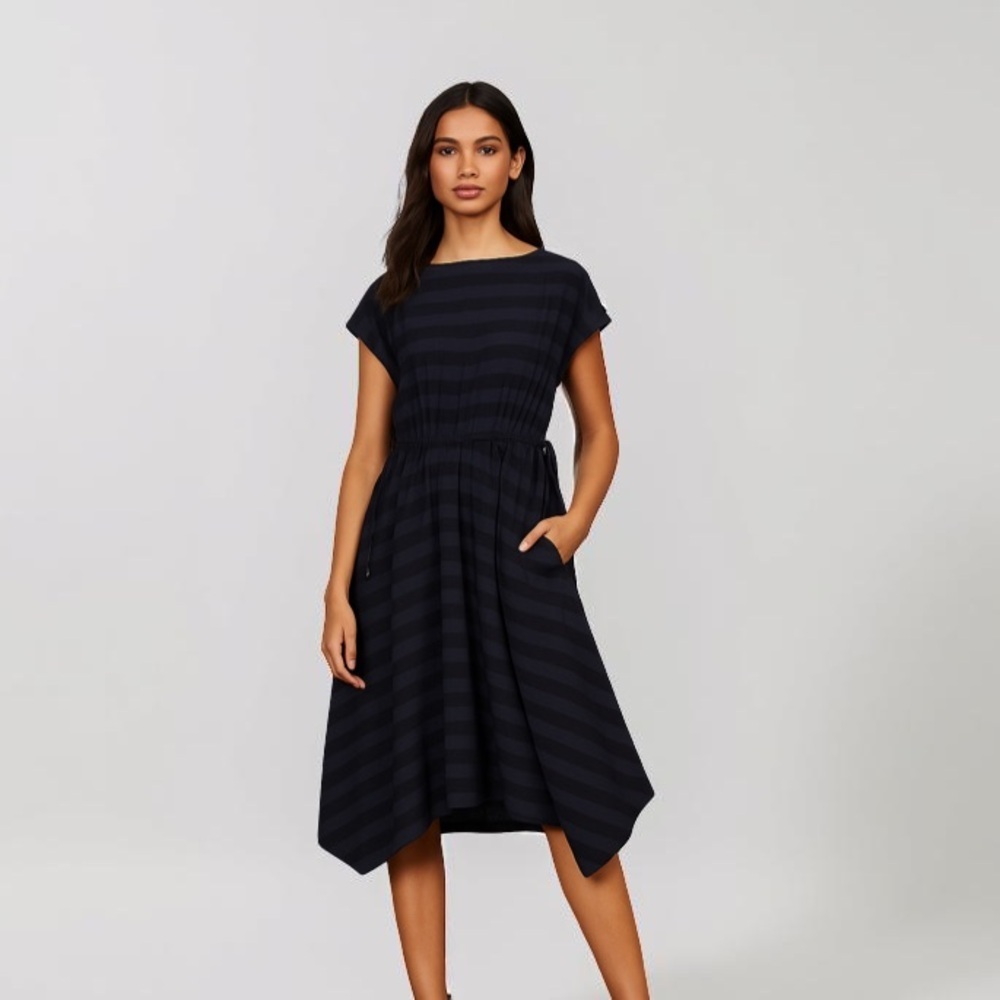 Ted Baker Linnie Striped Asymmetrical Hem Dress Size XS 0 Dark Blue Navy Stripe